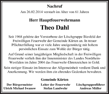 Anzeige von Theo Dahl von  Bergisches Sonntagsblatt 