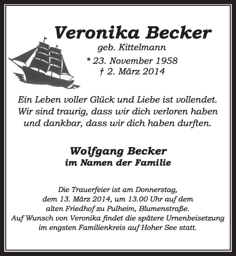  Traueranzeige für Veronika Becker vom 08.03.2014 aus  Sonntags-Post 
