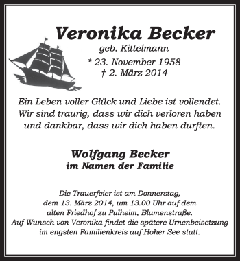 Anzeige von Veronika Becker von  Sonntags-Post 