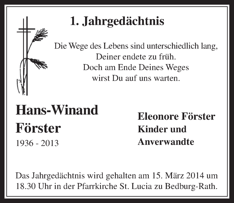  Traueranzeige für Hans-Winand Förster vom 12.03.2014 aus  Werbepost 