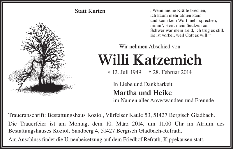  Traueranzeige für Willi Katzemich vom 08.03.2014 aus  Bergisches Sonntagsblatt 