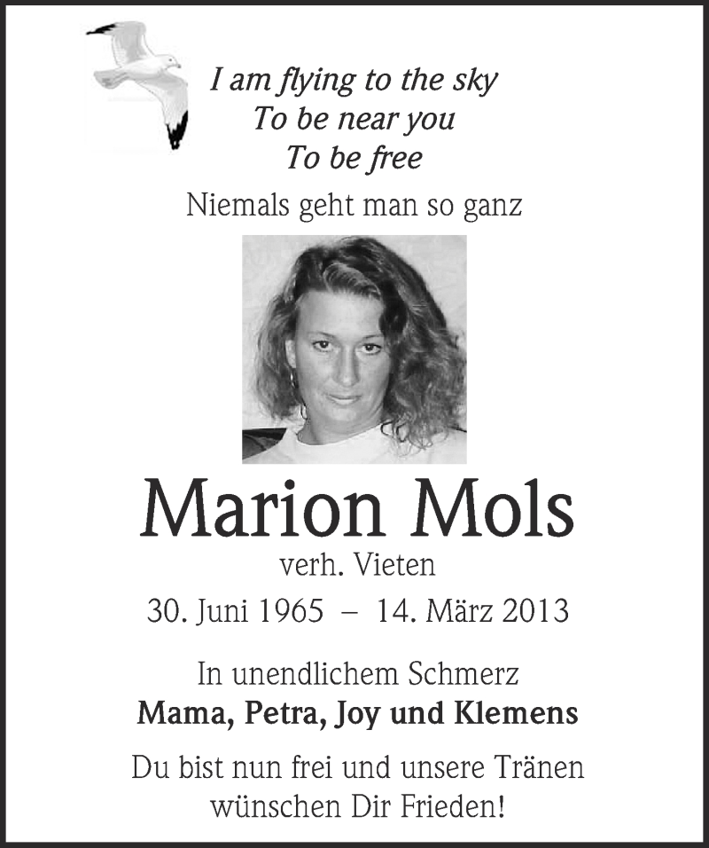  Traueranzeige für Marion Mols vom 12.03.2014 aus  Werbepost 