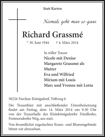 Anzeige von Richard Grassmé von  Sonntags-Post 