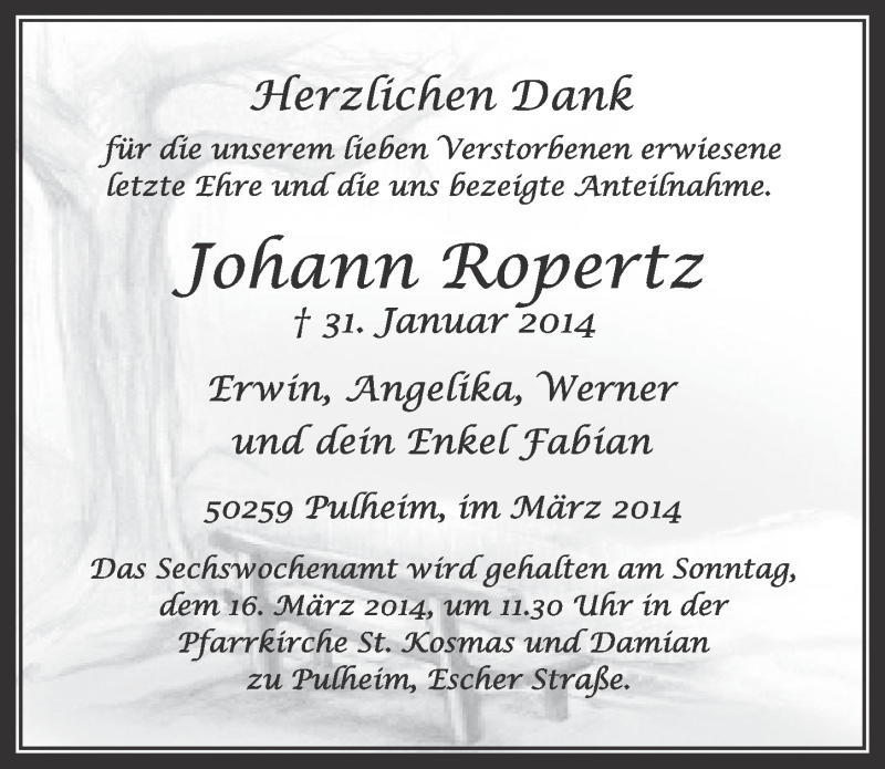  Traueranzeige für Johann Ropertz vom 08.03.2014 aus  Sonntags-Post 