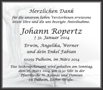 Anzeige von Johann Ropertz von  Sonntags-Post 