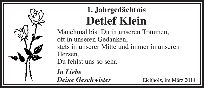  Traueranzeige für Detlef Klein vom 12.03.2014 aus  Lokalanzeiger 