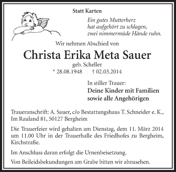 Anzeige von Christa Erika Meta Sauer von  Sonntags-Post 