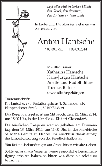 Anzeige von Anton Hantsche von  Sonntags-Post 