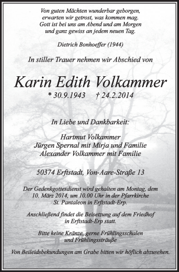Anzeige von Karin Edith Volkammer von  Sonntags-Post 