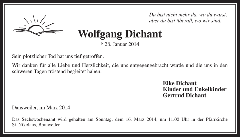  Traueranzeige für Wolfgang Dichant vom 12.03.2014 aus  Wochenende 