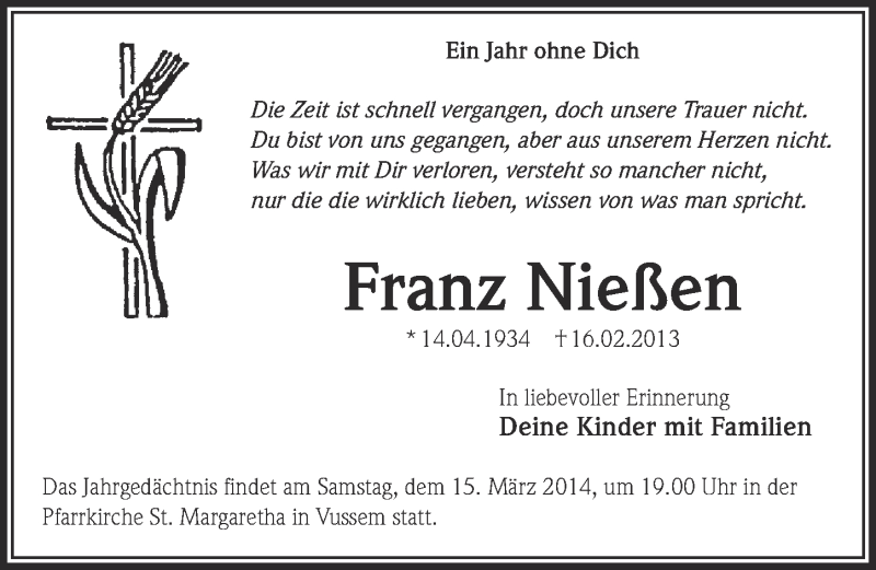  Traueranzeige für Franz Nießen vom 09.03.2014 aus  Blickpunkt Euskirchen 
