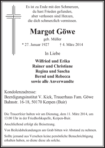 Anzeige von Margot Göwe von  Sonntags-Post 