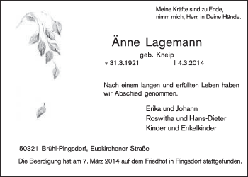 Anzeige von Änne Lagemann von  Schlossbote/Werbekurier 