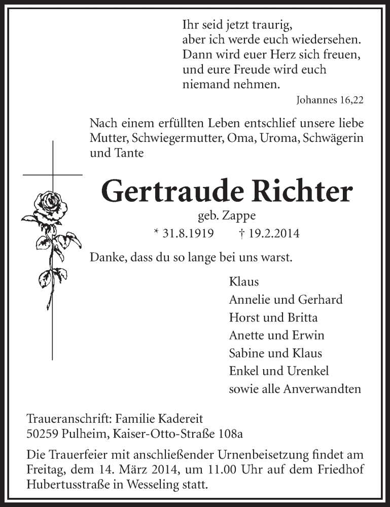  Traueranzeige für Gertraude Richter vom 12.03.2014 aus  Schlossbote/Werbekurier 