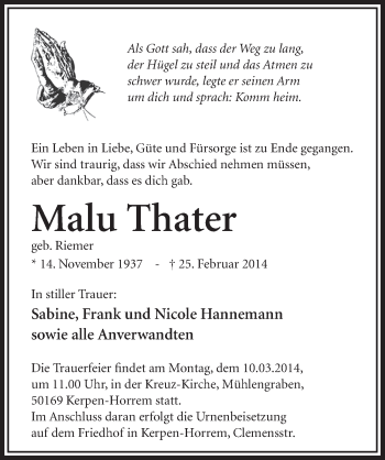 Anzeige von Malu Thater von  Sonntags-Post 