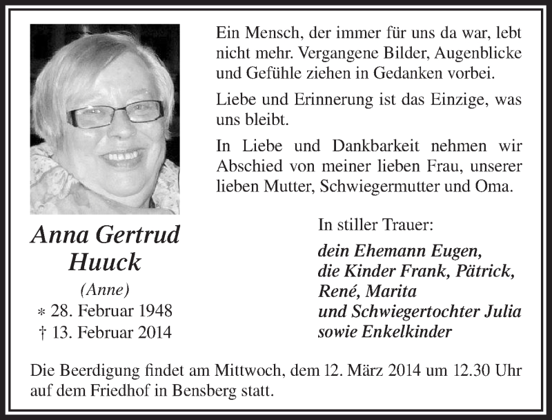  Traueranzeige für Anna Gertrud Huuck vom 08.03.2014 aus  Bergisches Sonntagsblatt 