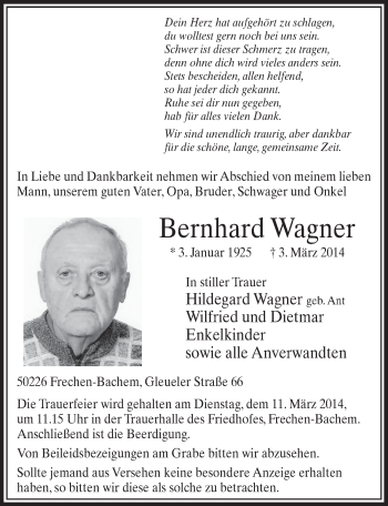 Anzeige von Bernhard Wagner von  Sonntags-Post 