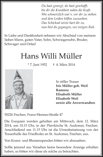 Anzeige von Hans Willi Müller von  Sonntags-Post 