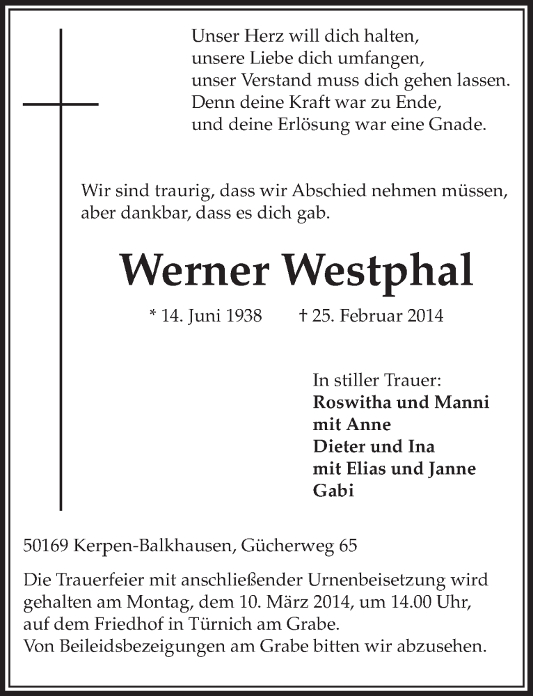  Traueranzeige für Werner Westphal vom 08.03.2014 aus  Sonntags-Post 