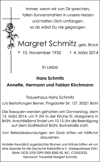 Anzeige von Margret Schmitz von  Schlossbote/Werbekurier 