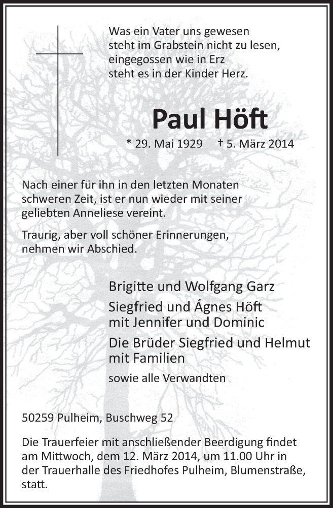  Traueranzeige für Paul Höft vom 08.03.2014 aus  Sonntags-Post 