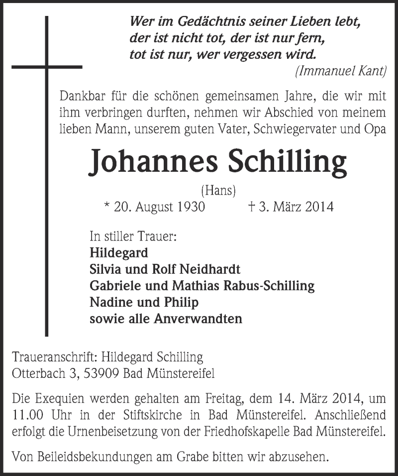  Traueranzeige für Johannes Schilling vom 09.03.2014 aus  Blickpunkt Euskirchen 