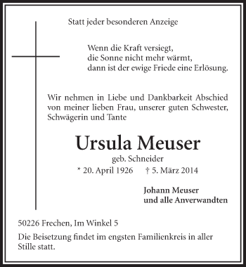 Anzeige von Ursula Meuser von  Sonntags-Post 