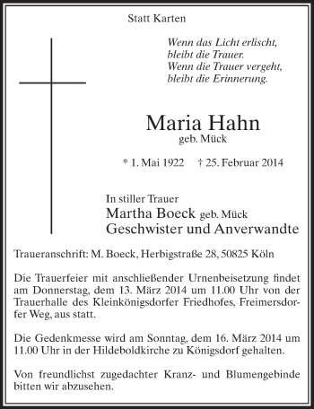 Anzeige von Maria Hahn von  Sonntags-Post 