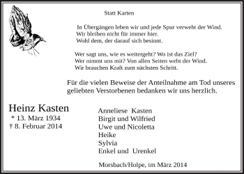 Anzeige von Heinz Kasten von  Lokalanzeiger 