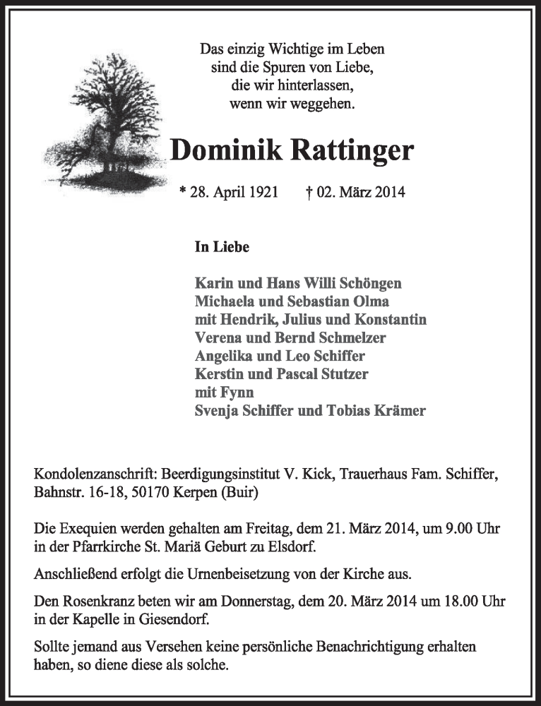  Traueranzeige für Dominik Rattinger vom 15.03.2014 aus  Sonntags-Post 