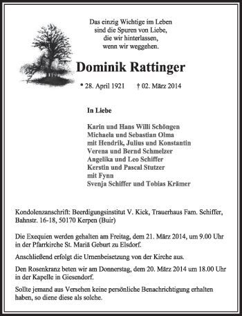 Anzeige von Dominik Rattinger von  Sonntags-Post 