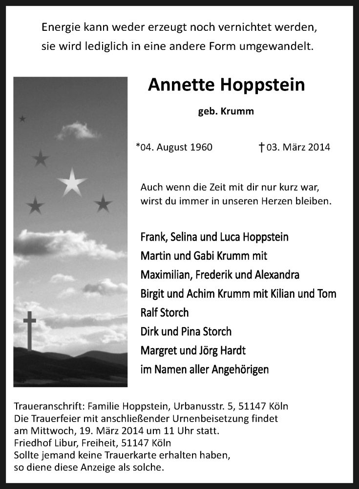  Traueranzeige für Annette Hoppstein vom 12.03.2014 aus  Kölner Wochenspiegel 