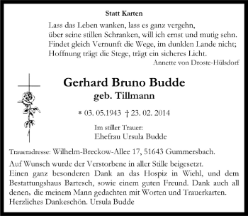 Anzeige von Gerhard Bruno Budde von  Anzeigen Echo 