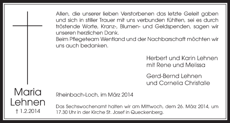  Traueranzeige für Maria Lehnen vom 19.03.2014 aus  Schaufenster/Blickpunkt 