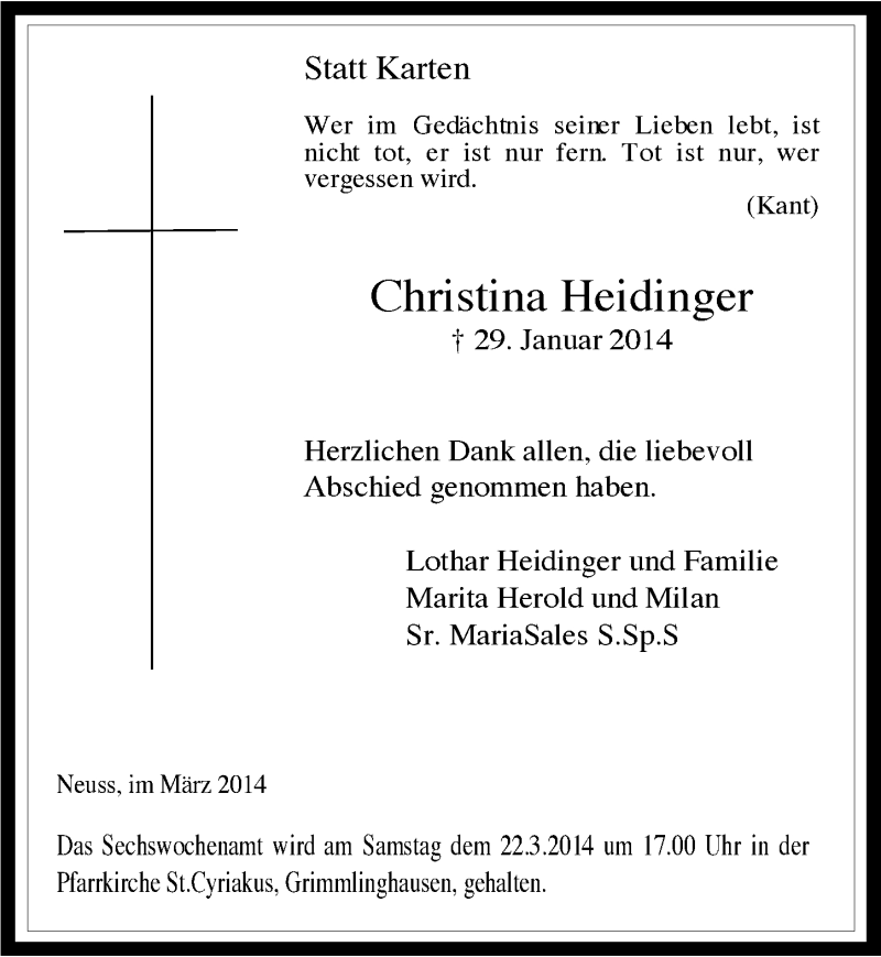  Traueranzeige für Christina Heidinger vom 12.03.2014 aus  Extra Blatt 