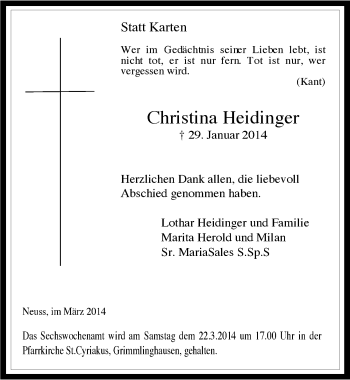 Anzeige von Christina Heidinger von  Extra Blatt 