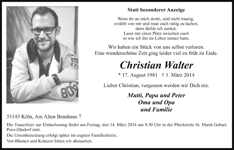  Traueranzeige für Christian Walter vom 12.03.2014 aus  Kölner Wochenspiegel 