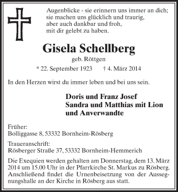 Anzeige von Gisela Schellberg von  Schlossbote/Werbekurier 