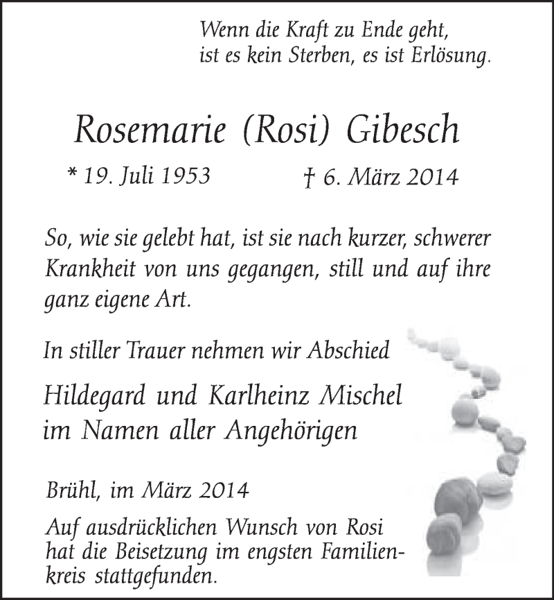  Traueranzeige für Rosemarie Gibesch vom 19.03.2014 aus  Wochenende  Schlossbote/Werbekurier 