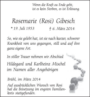 Anzeige von Rosemarie Gibesch von  Wochenende  Schlossbote/Werbekurier 