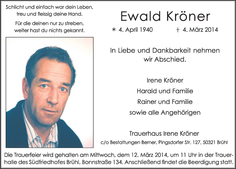  Traueranzeige für Ewald Kröner vom 12.03.2014 aus  Schlossbote/Werbekurier 