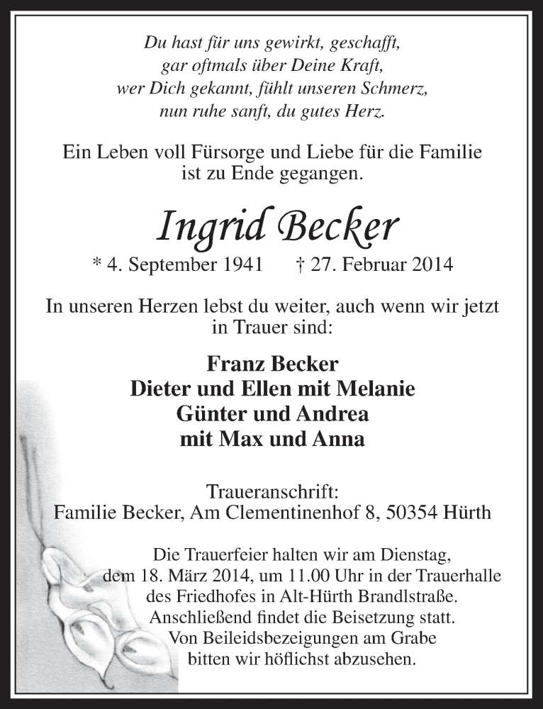  Traueranzeige für Ingrid Becker vom 12.03.2014 aus  Wochenende 