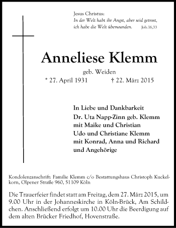 Anzeige von Anneliese Klemm von Kölner Stadt-Anzeiger / Kölnische Rundschau / Express