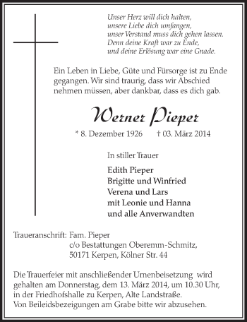 Anzeige von Werner Piepet von  Sonntags-Post 