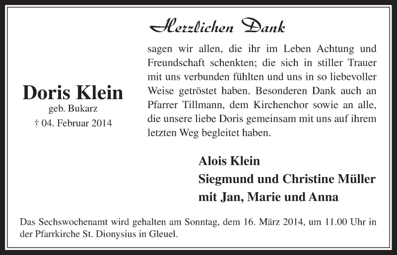  Traueranzeige für Doris Klein vom 12.03.2014 aus  Wochenende 