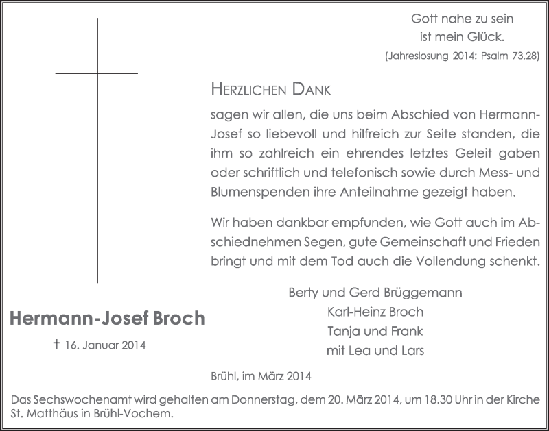  Traueranzeige für Hermann-Josef Broch vom 12.03.2014 aus  Schlossbote/Werbekurier 