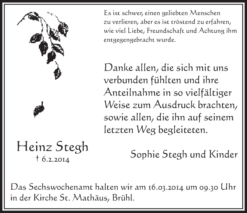  Traueranzeige für Heinz Stegh vom 12.03.2014 aus  Schlossbote/Werbekurier 