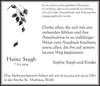 Anzeige von Heinz Stegh von  Schlossbote/Werbekurier 