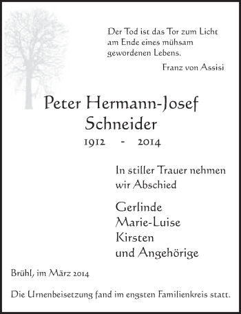 Anzeige von Peter Hermann-Josef Schneider von  Schlossbote/Werbekurier 