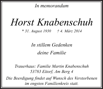 Anzeige von Horst Knabenschuh von  Bergisches Sonntagsblatt 